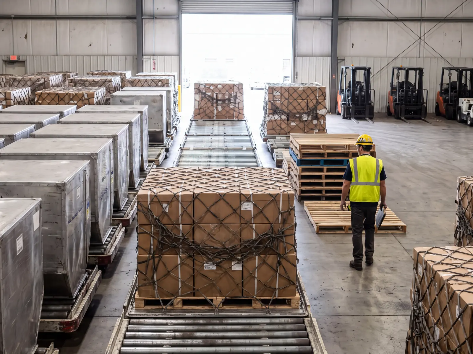 Palletised air cargo netted and staged on roller beds at a cargo handling terminal