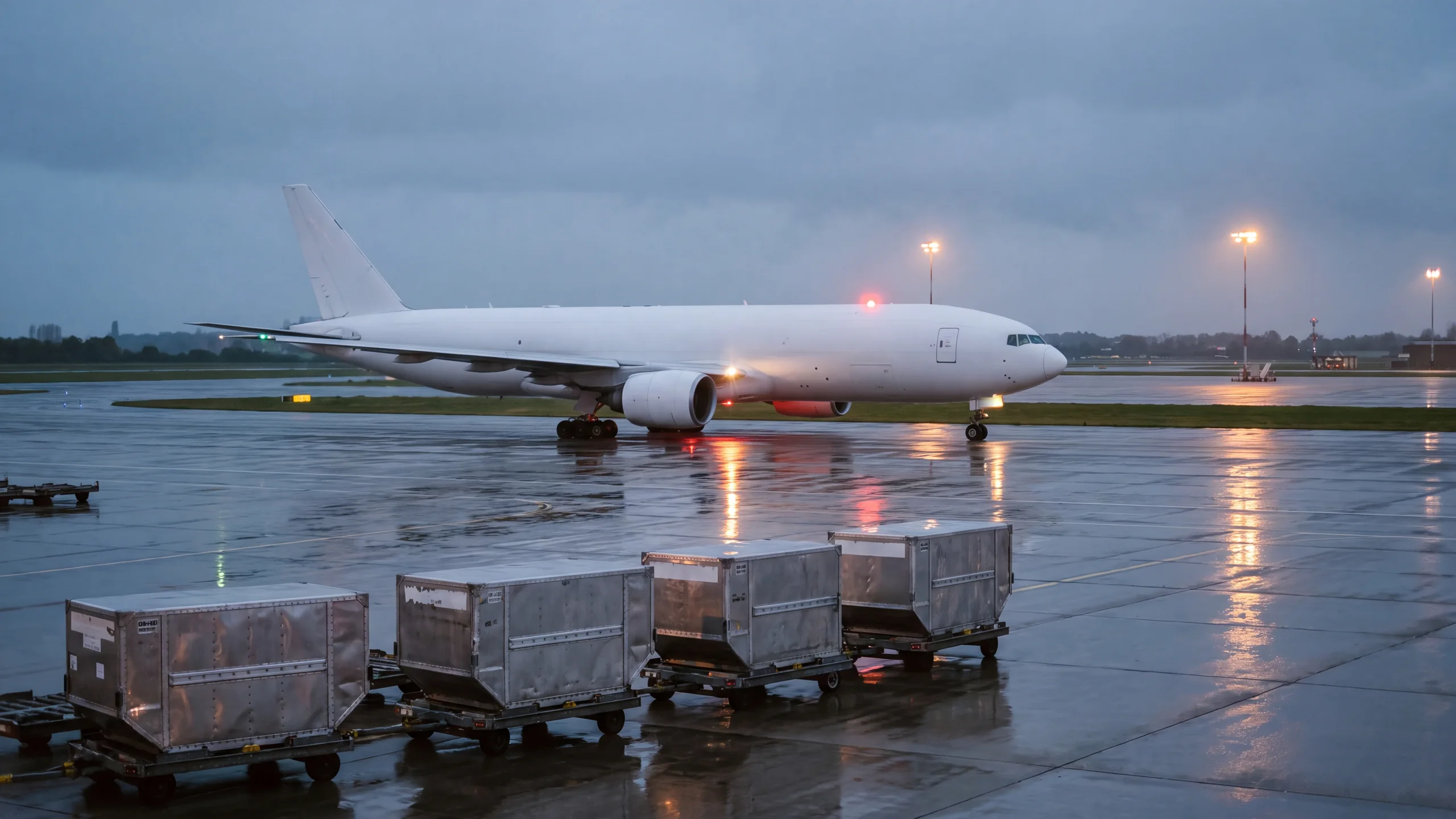 A cargo freighter taxiing across a wet apron past parked air-cargo containers