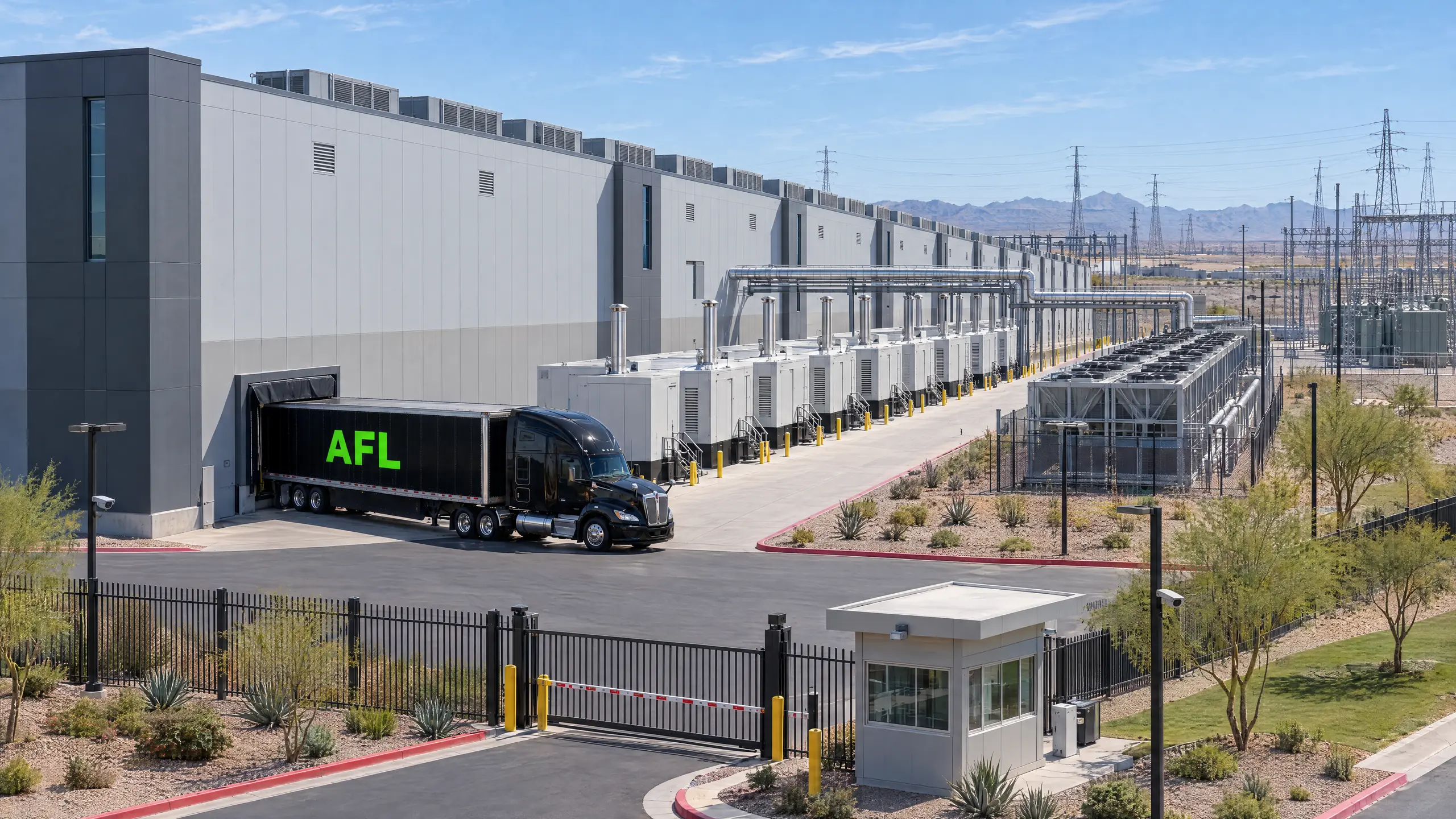 A black AFL tractor-trailer backed into the receiving bay of a data center, beside a long row of backup generators