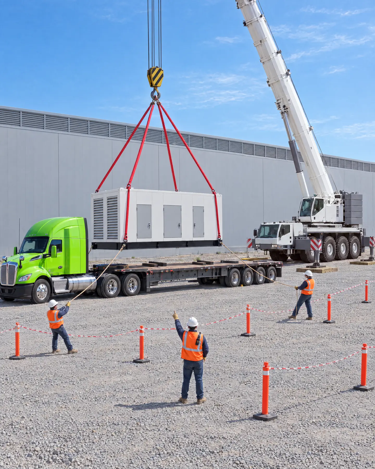 A crane lifting an enclosed generator off a green AFL truck at a data center while riggers guide it with tag lines