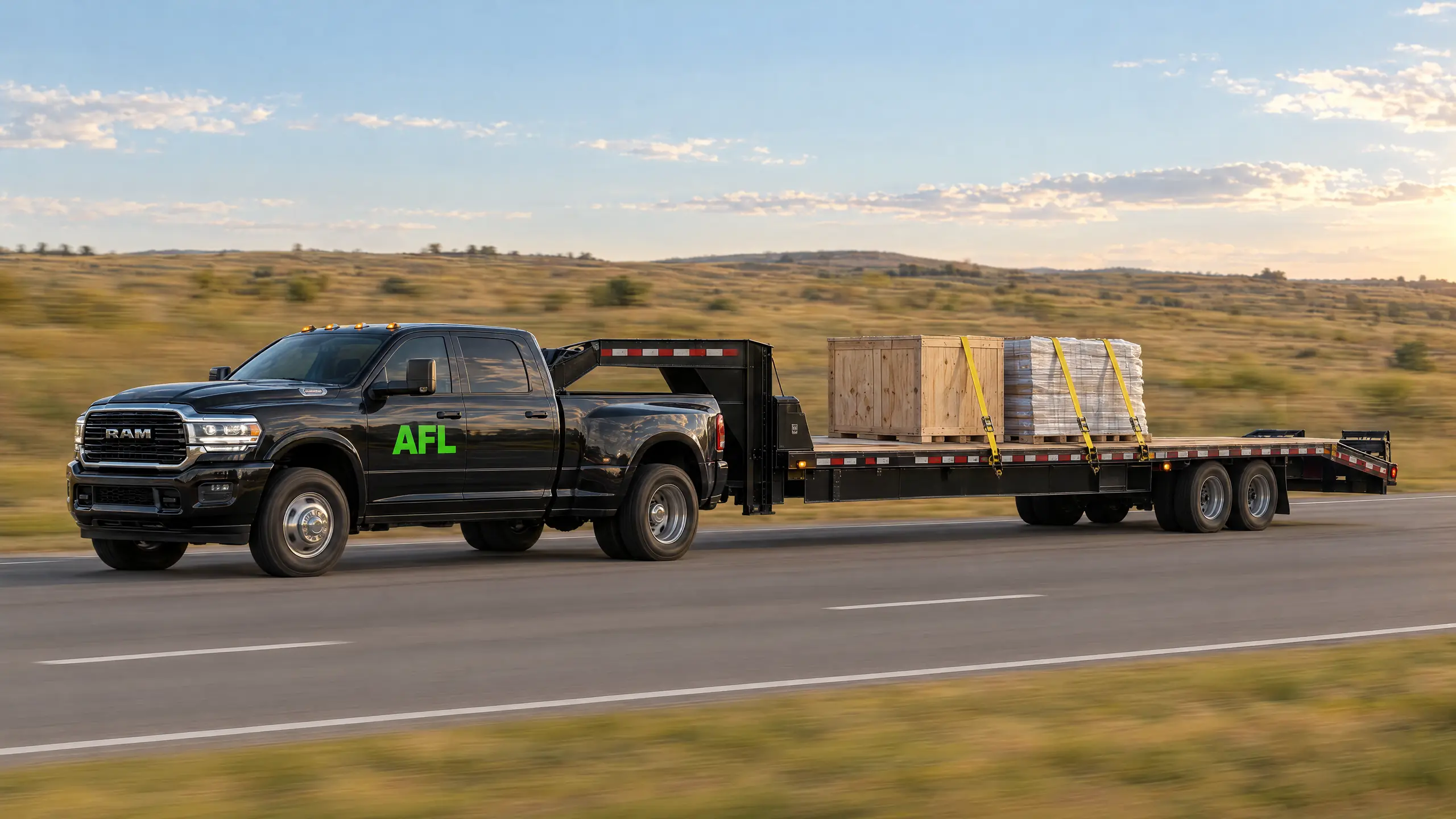 A black AFL hotshot pickup towing a gooseneck flatbed with strapped freight across the prairie