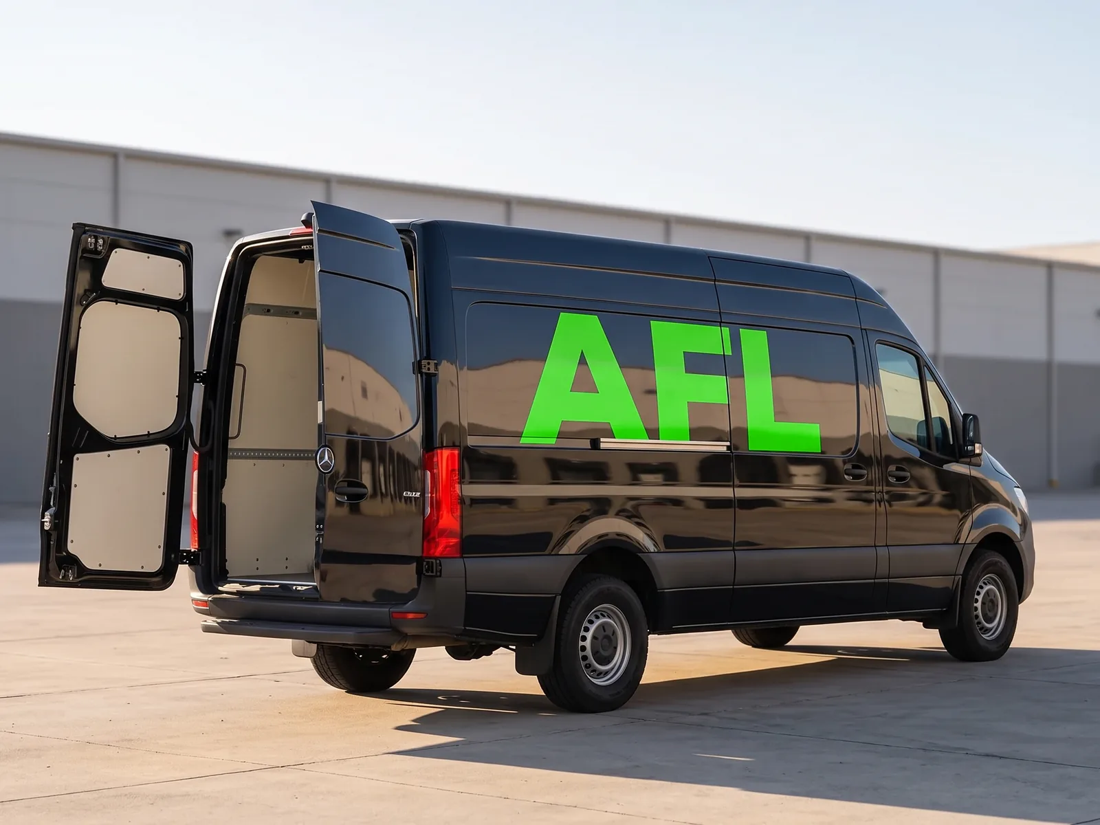 A black AFL Sprinter cargo van parked on a sunlit concrete apron with a rear barn door swung open, ready to load