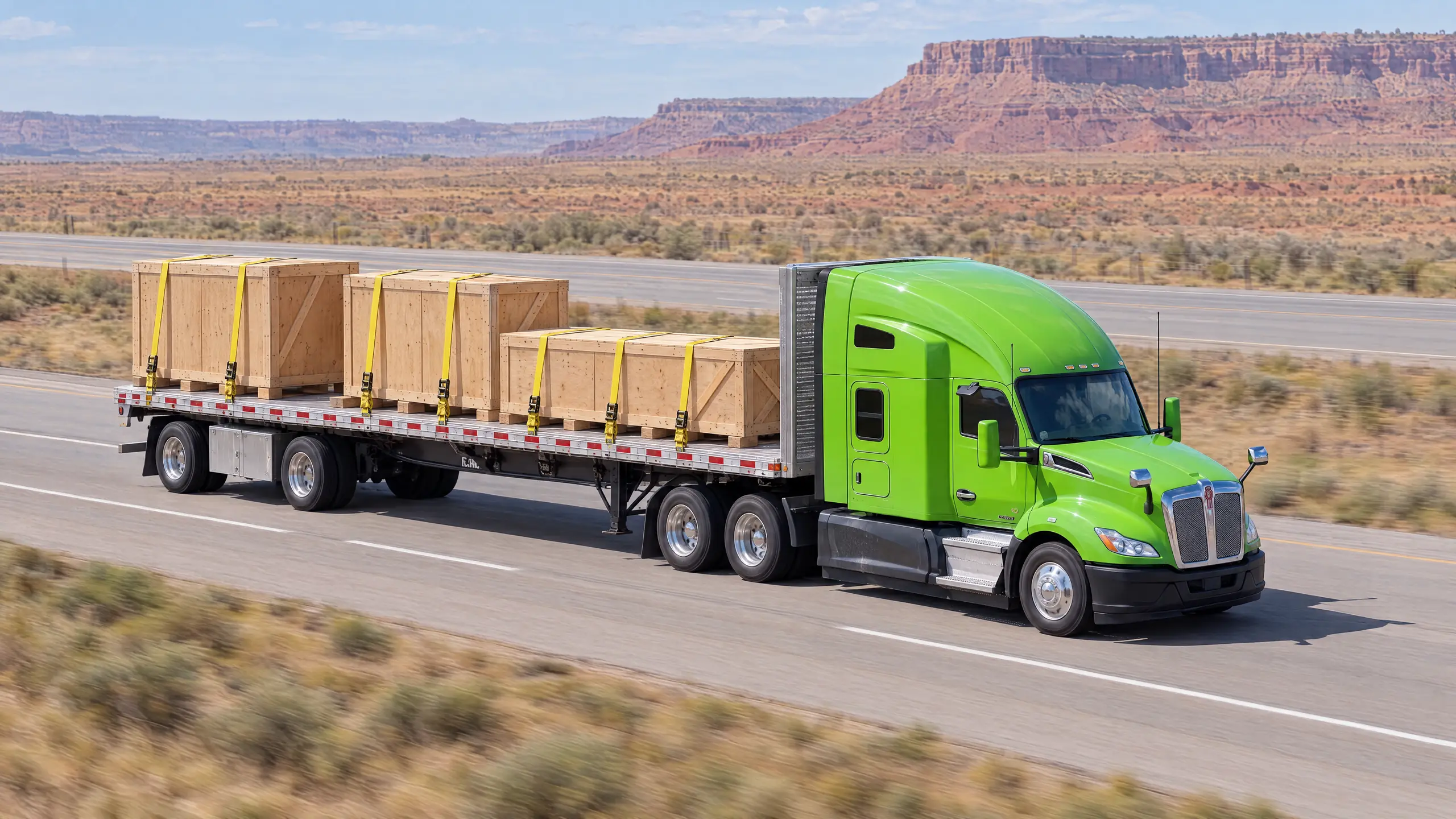 A green tractor hauling crated freight strapped to a flatbed across the desert