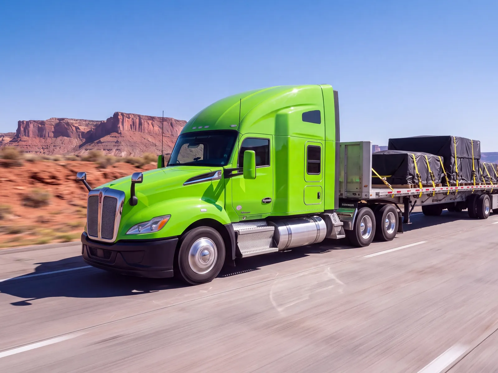 A tarped, strapped load riding an open deck at highway speed