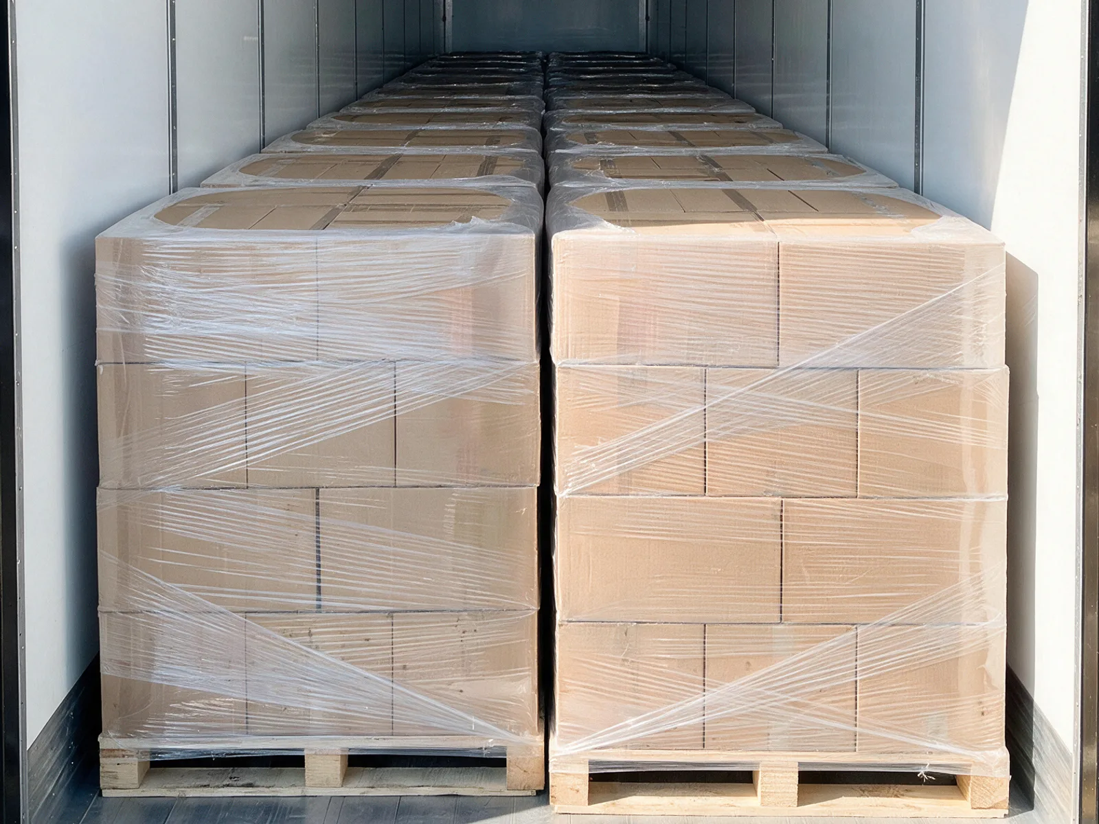 A trailer loaded with uniform wrapped pallets in tidy rows receding toward the nose