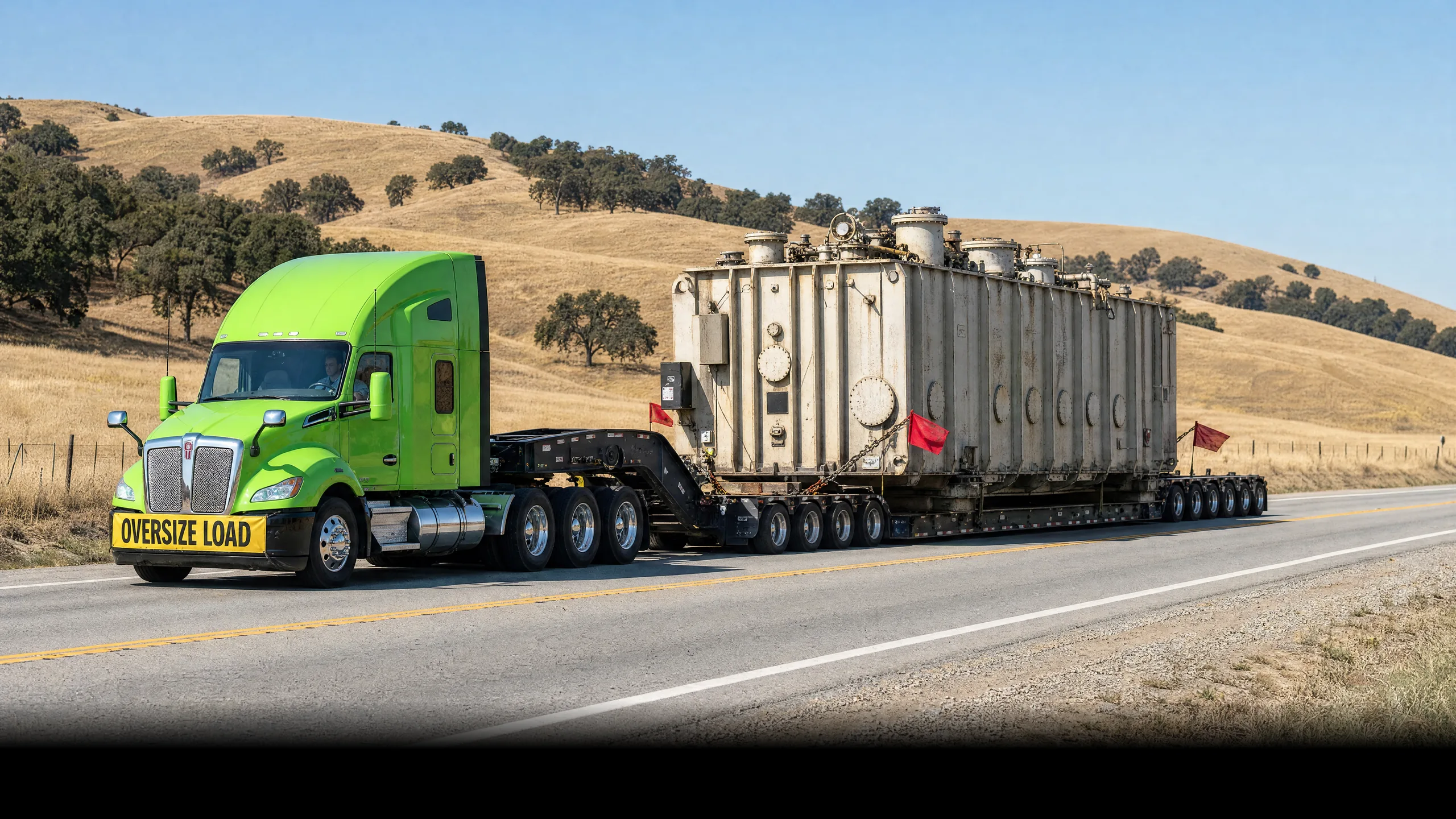 A power transformer overhanging both sides of a multi-axle lowboy on a two-lane highway