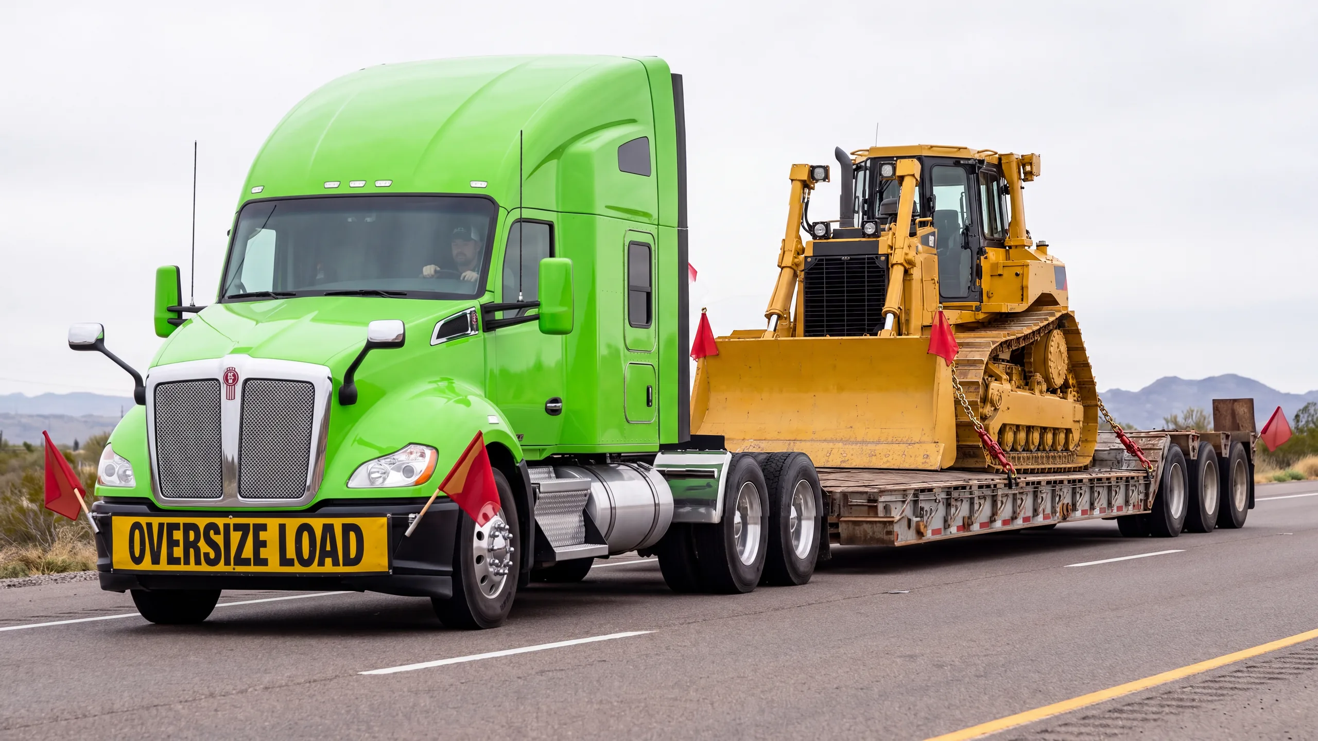 A green tractor with an Oversize Load banner and red flags hauling a tracked bulldozer on a lowboy trailer down a desert highway