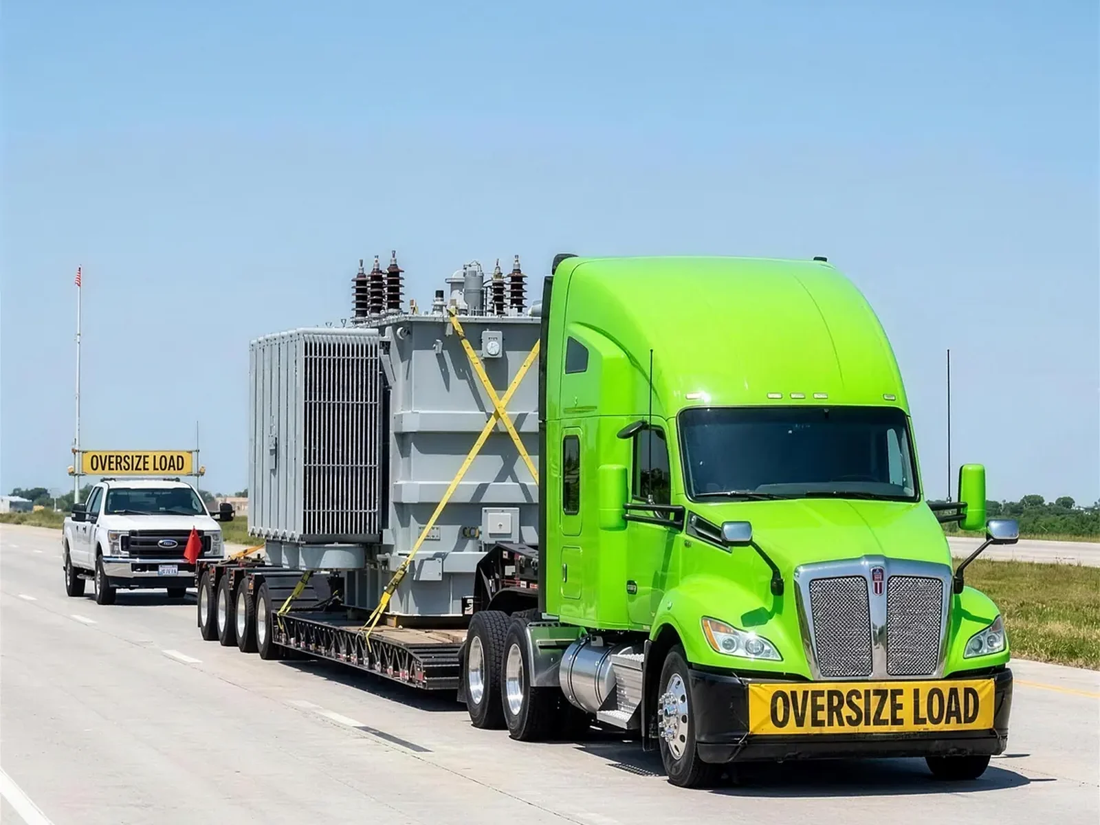 An oversized industrial load chained down on a heavy-haul trailer