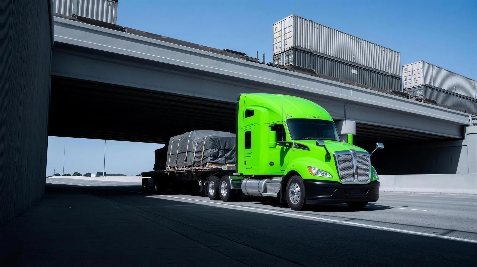 A green tractor hauling a tarped flatbed load beneath a rail overpass as double-stacked containers cross above