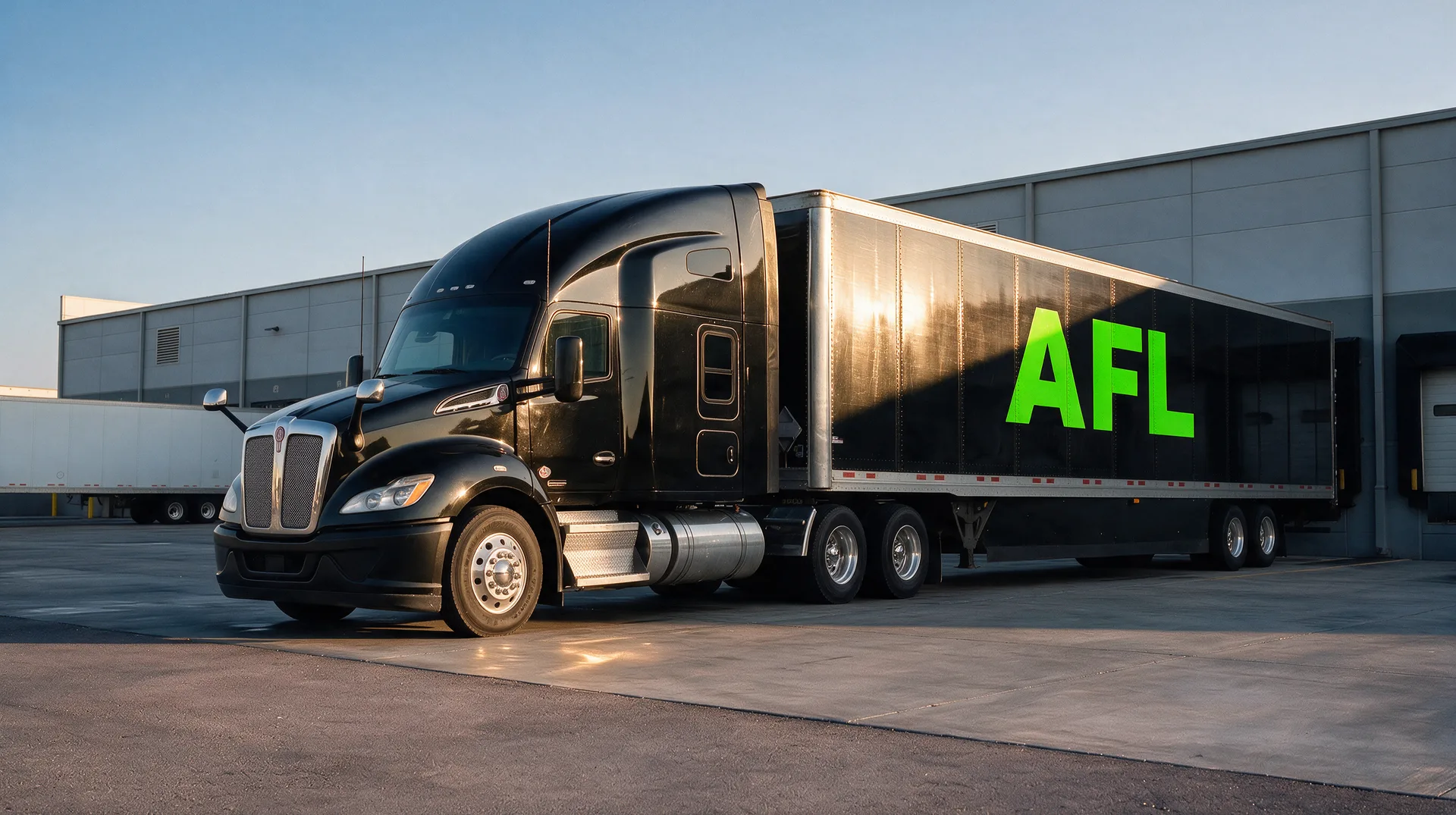 A tractor-trailer backed square to a clean loading dock, engine off and at rest.