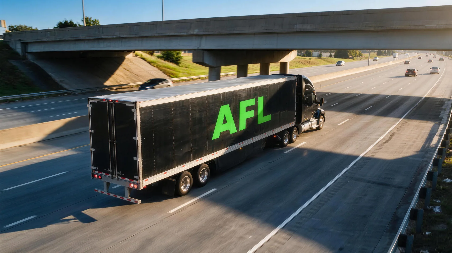 A black AFL tractor-trailer running under a highway overpass in late-afternoon sun