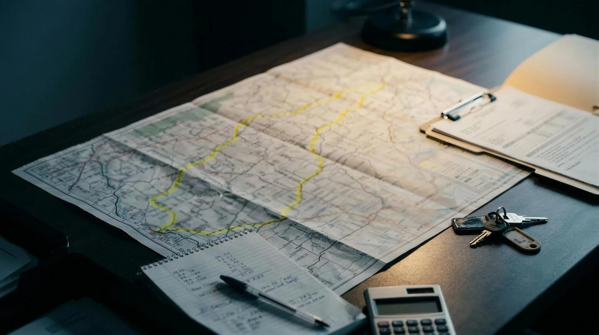 A freight route map with one lane highlighted, beside shipping paperwork on a planning desk