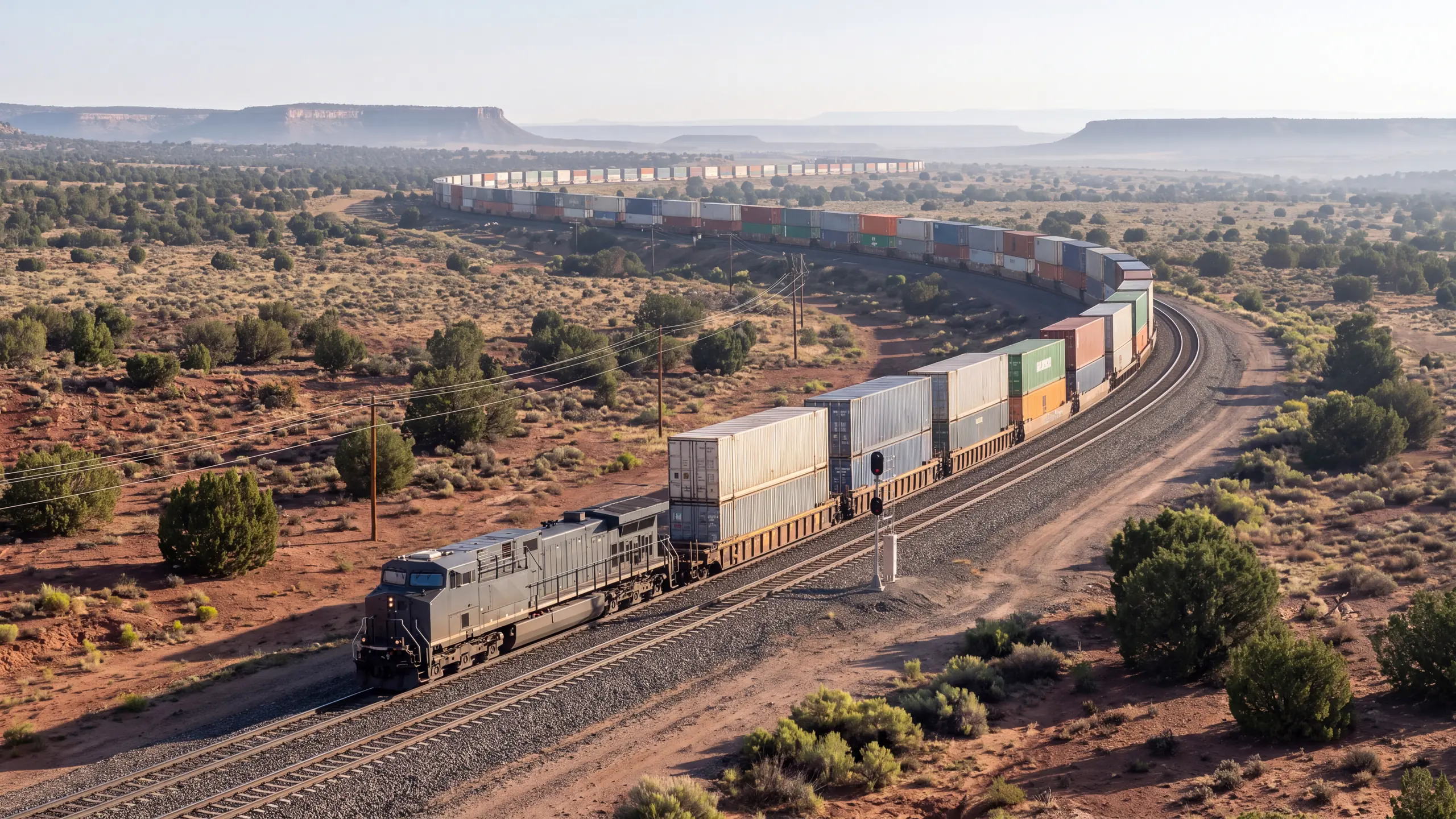A long double-stack container train curving through open desert under a clear morning sky
