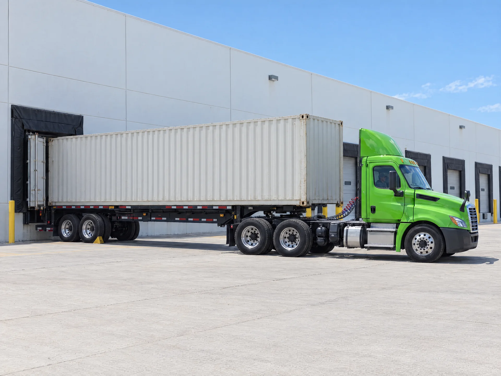 A green day cab with a 53-foot container on its chassis backed to a distribution center dock door