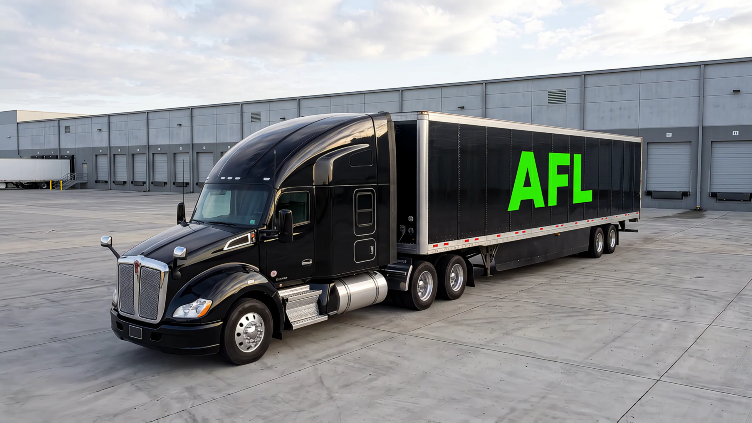 A black AFL tractor-trailer standing in front of the closed dock doors of a consolidation terminal