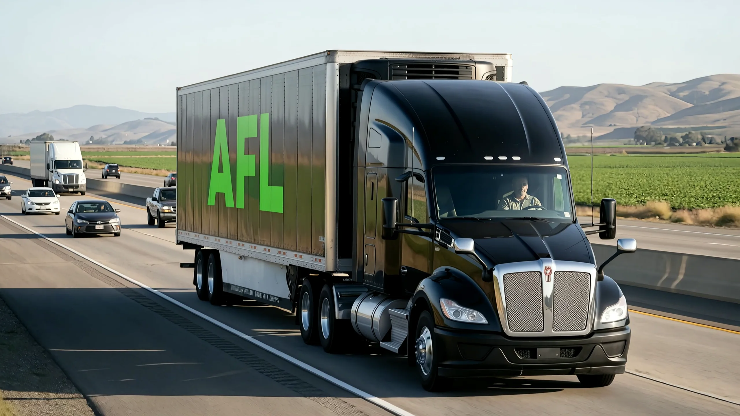 A black AFL reefer tractor-trailer on a morning highway through green farmland