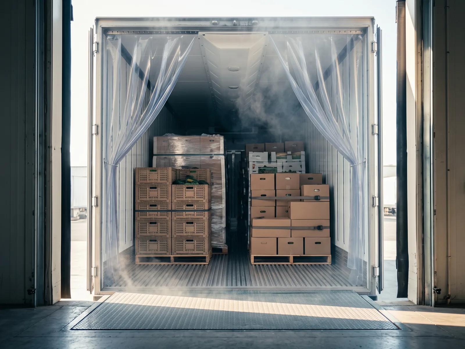 Loaded pallets of produce crates and cartons inside a refrigerated trailer at a dock, cold vapour rolling through the parted strip curtains and spilling over the dock plate