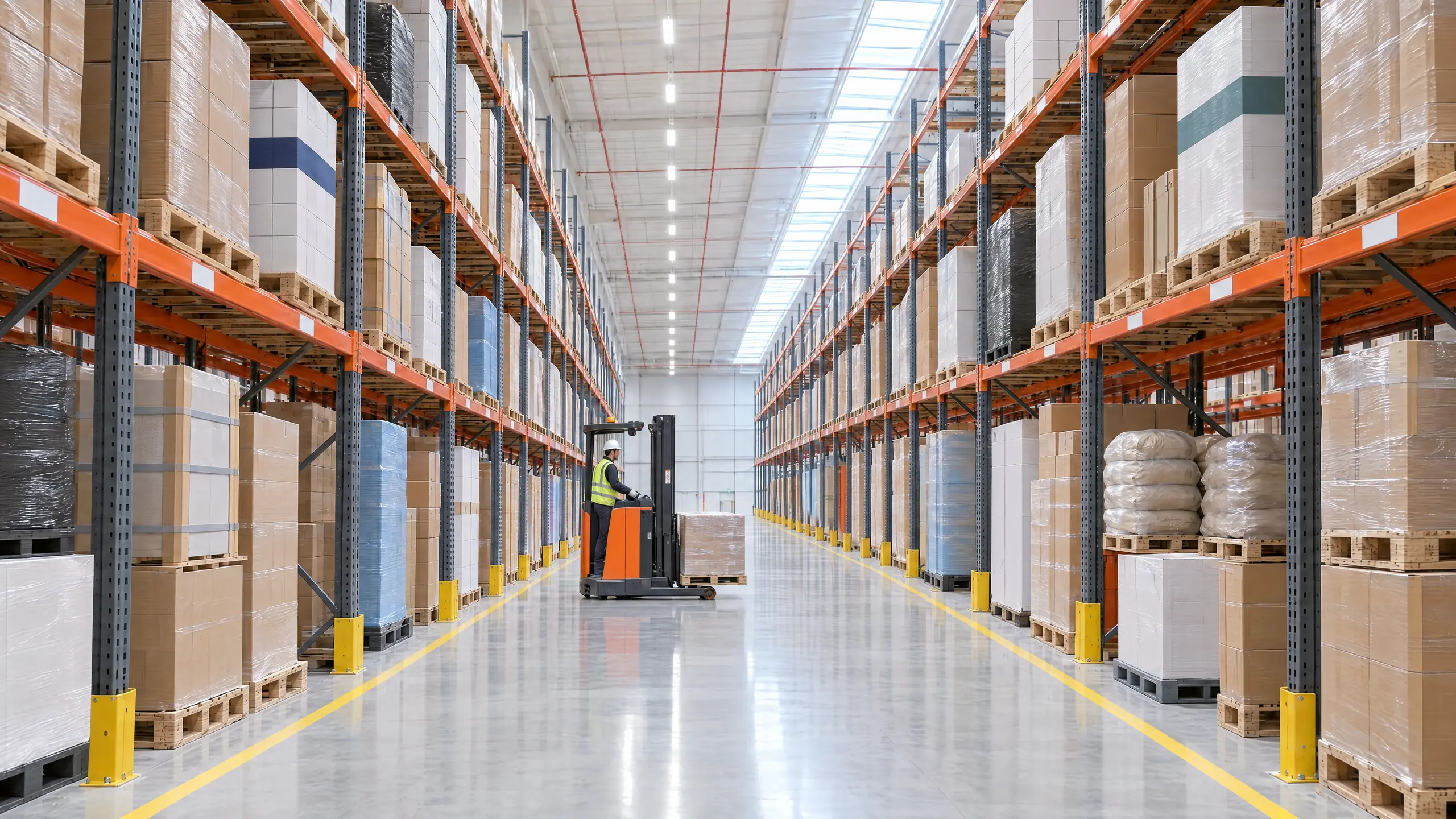 A reach-truck operator carrying a pallet down a warehouse aisle racked with a mix of wrapped products