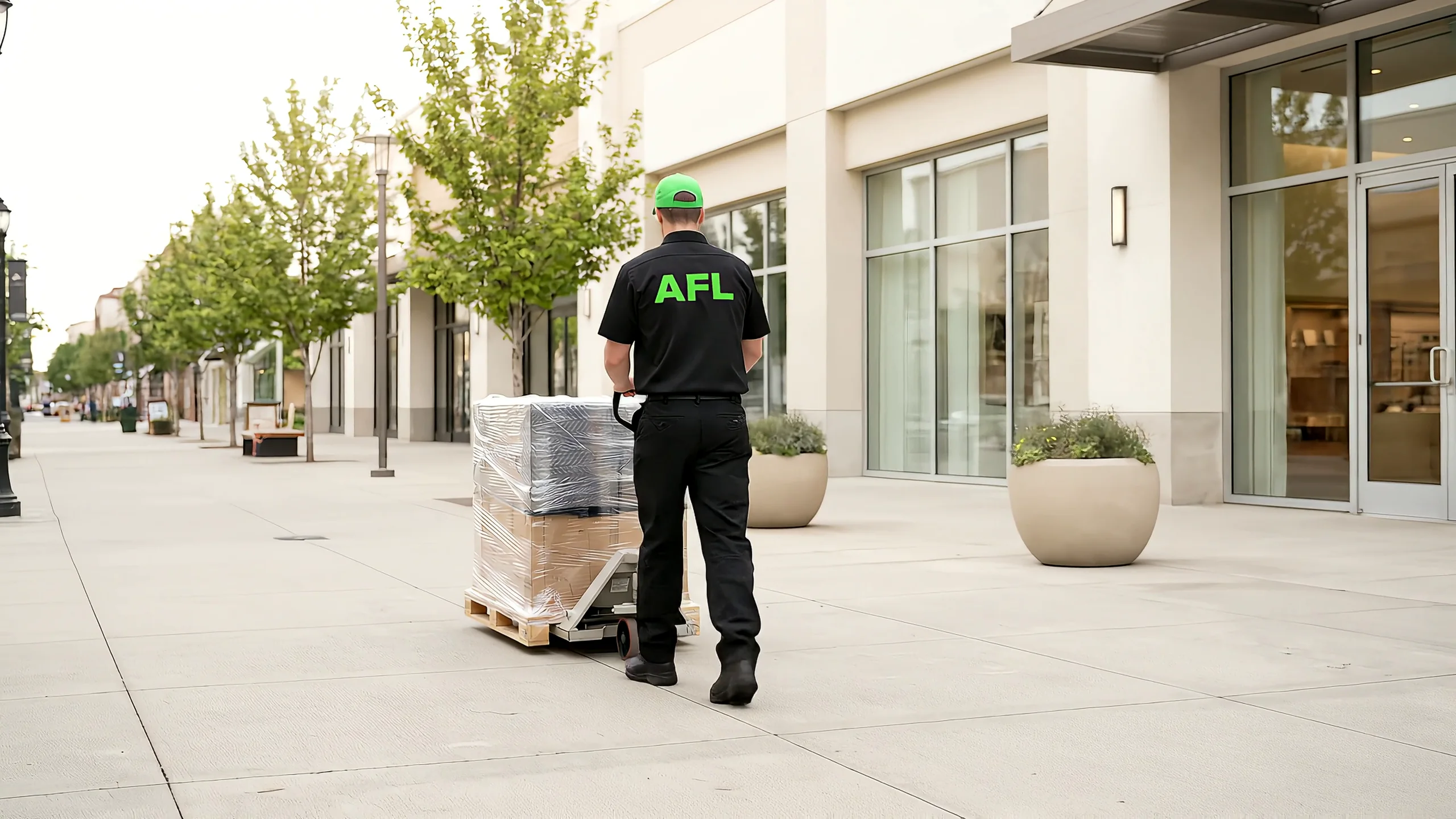 A white-glove crew member wheeling a shrink-wrapped pallet on a pallet jack along a bright retail storefront